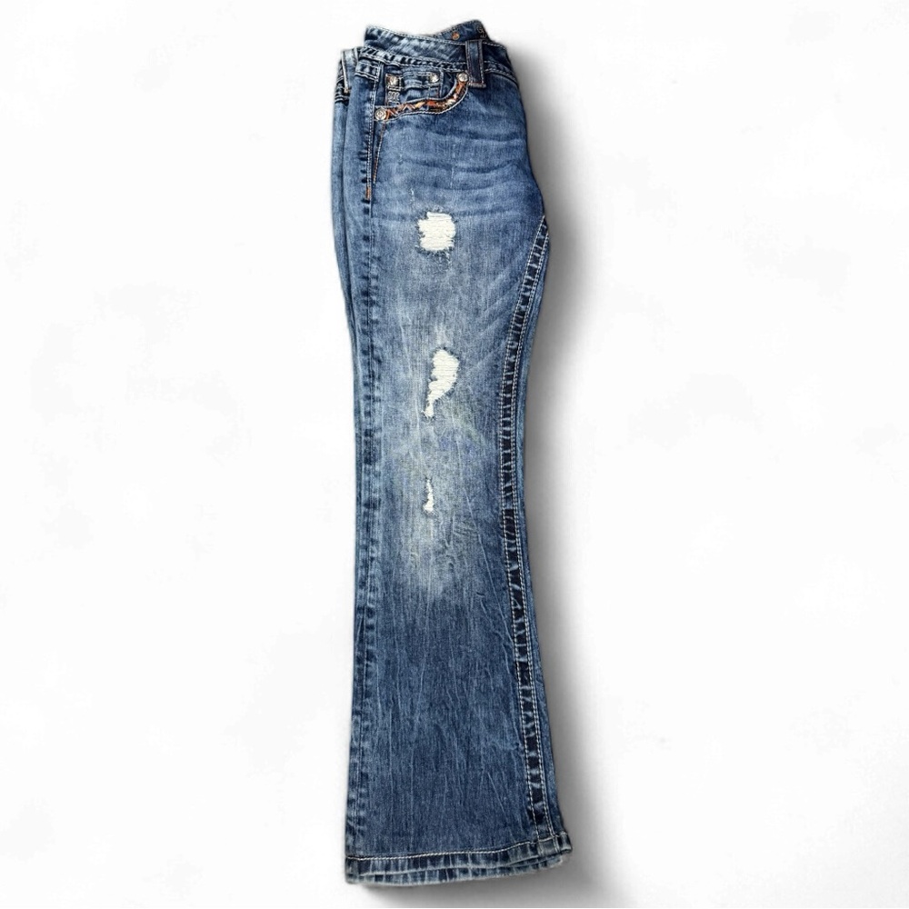 Miss Me Signature Bootcut Jeans Embellished Pockets Distressed Denim - Size: 27 - Picture 3 of 6